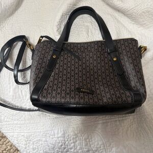 Fossil Brown and Black Monogram Satchel with Gold Hardware